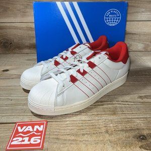 NEW SZS 11-12: Men's Adidas Superstar Low Shell Toe Leather Shoe White/Vivid-Red